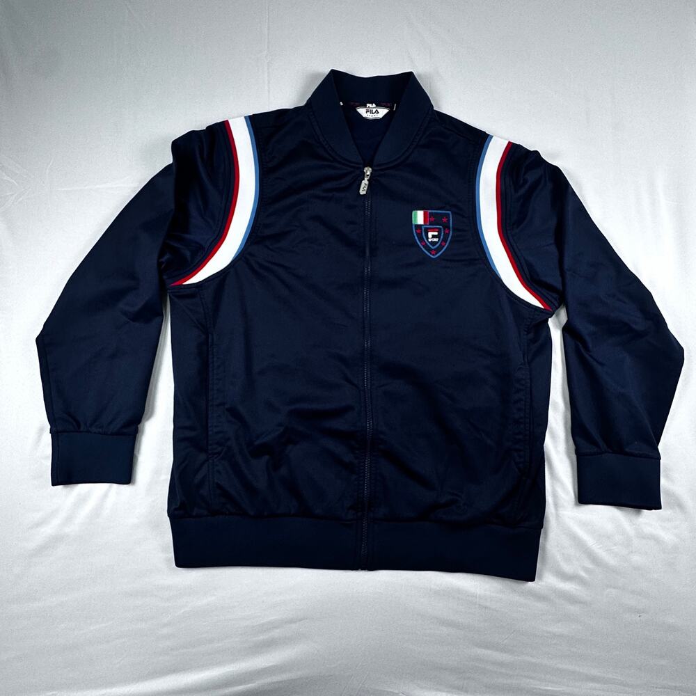 FILA Sport Track Jacket Mens L Navy Full Zip Italy Crest Striped Retro